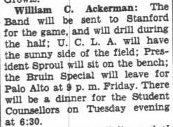 Student Council minutes - Bill Ackerman announces Band will travel to Stanford game, October 16, 1935