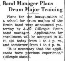 J.D. Gillespie announces Drum Major Training. October 3, 1935