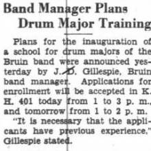 J.D. Gillespie announces Drum Major Training. October 3, 1935