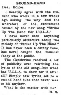 Student criticism of adopting "Strike Up the Band" as fight song, October 15, 1936