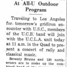 Cal Band joins UCLA Band in rally before Cal-USC game, November 6, 1936