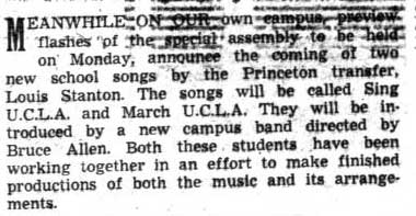 Introduction of two new fight songs, "Sing UCLA" and "March UCLA," December 4, 1936