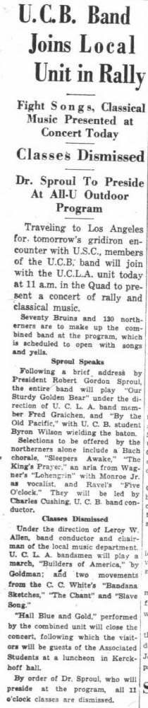 Cal Band joins UCLA Band in rally before Cal-USC game, November 6, 1936