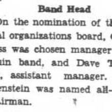 Charles Bliss chosen as Band Manager, May 21, 1936