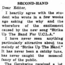 Student criticism of adopting "Strike Up the Band" as fight song, October 15, 1936