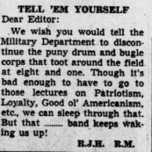Letter - ROTC Band keeps waking up students, April 12, 1937