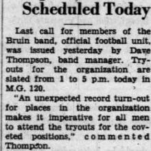 Final tryouts for Pep Band, September 14, 1937