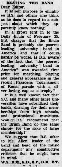 "Beating the Band" response to February 25 letter. March 3, 1937