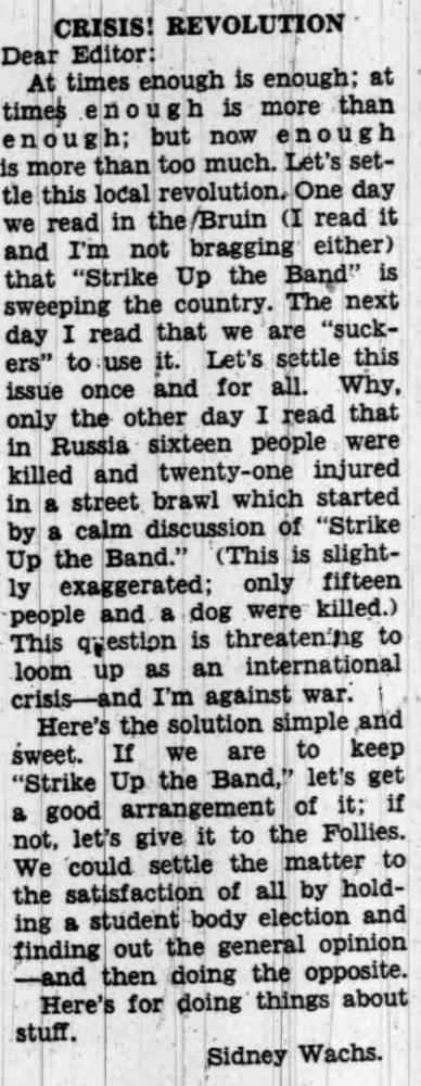 "Strike up the Band" letter, November 29, 1937