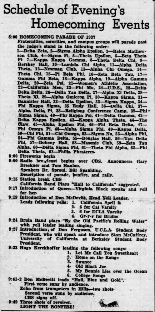 Homecoming schedule, October 29, 1937