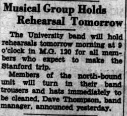 Band holds rehearsal, members turn in uniform for cleaning, October 1, 1937