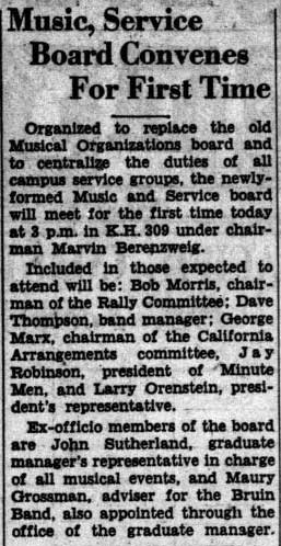 Music Service Board, Maury Grossman "adviser for the Bruin Band". September 21, 1937