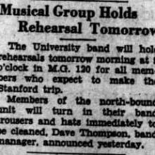 Band holds rehearsal, members turn in uniform for cleaning, October 1, 1937