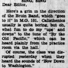 Student writes of hearing Band practice during class, September 28, 1938