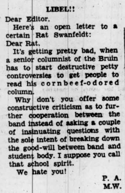 Letter to Roy Swanfeldt regarding Band, November 7, 1938