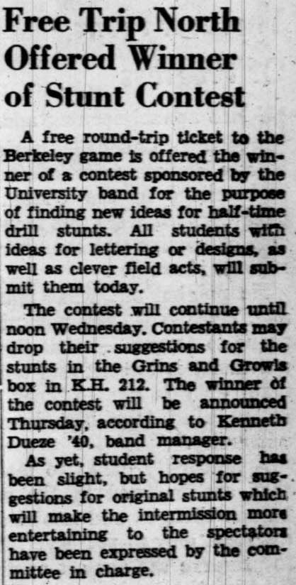 Band holds contest, offers free trip to Cal game to winner. October 6, 1938