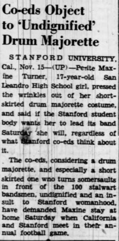 Stanford women object to drum majorette, November 16, 1938