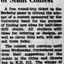 Band holds contest, offers free trip to Cal game to winner. October 6, 1938