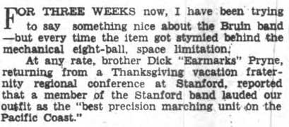 Roy Swanfeldt's column - Stanford Band member calls UCLA's Band 'best precision marching unit on the Pacific Coast." December 12, 1938