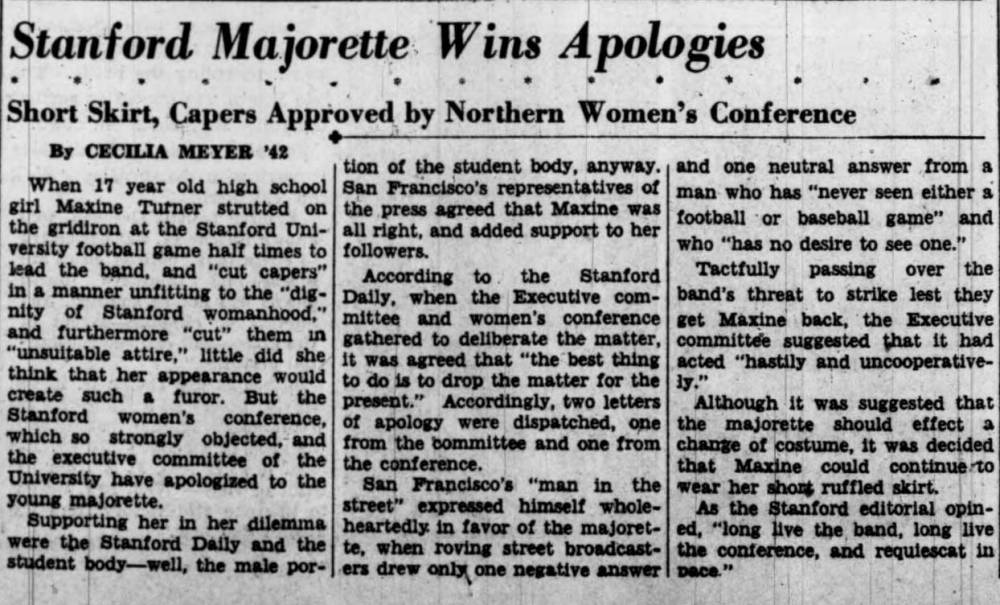 Stanford Majorette wins apologies, November 18, 1938