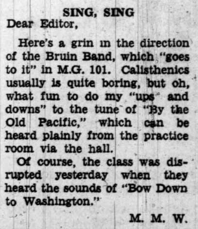 Student writes of hearing Band practice during class, September 28, 1938