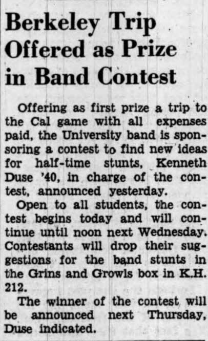 Cal trip offered as prize in Band contest, October 5, 1938