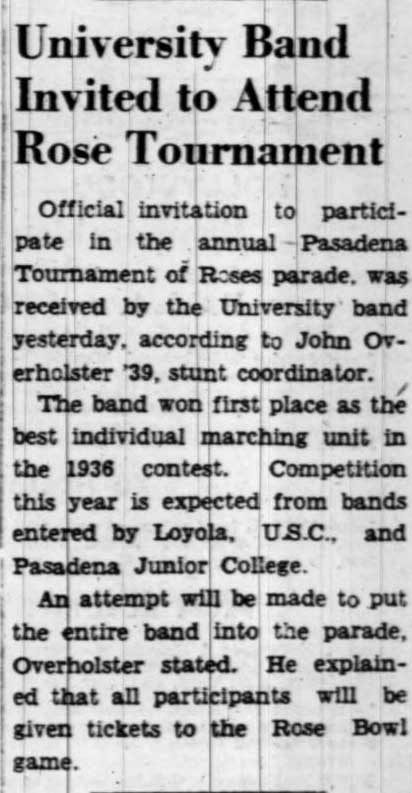 Band attends Rose Parade, November 8, 1938