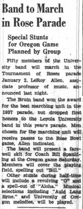 Band to march in Rose Parade, December 7, 1938