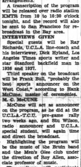 Band featured on pre-game broadcast, October 12, 1939