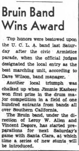 Bruin Band wins award for appearance in Armistice Parade, led by Mascot Drum Major Jimmy Kasbeer, November 13, 1939