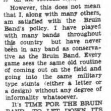 Band member considers Band to be too conservative. "It's time for the Bruin Band to let down its hair!" October 3, 1939
