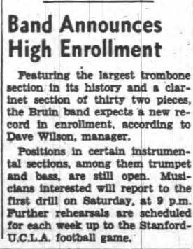 Band announces high enrollment - the "largest trombone section in its history." September 20, 1939