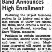 Band announces high enrollment - the "largest trombone section in its history." September 20, 1939