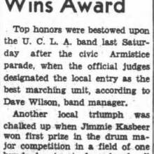 Bruin Band wins award for appearance in Armistice Parade, led by Mascot Drum Major Jimmy Kasbeer, November 13, 1939