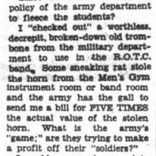 ROTC Band member loses trombone, December 4, 1939