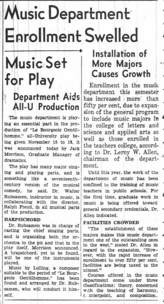 Music Department feature, department offers graduate degrees for first time. October 6, 1939