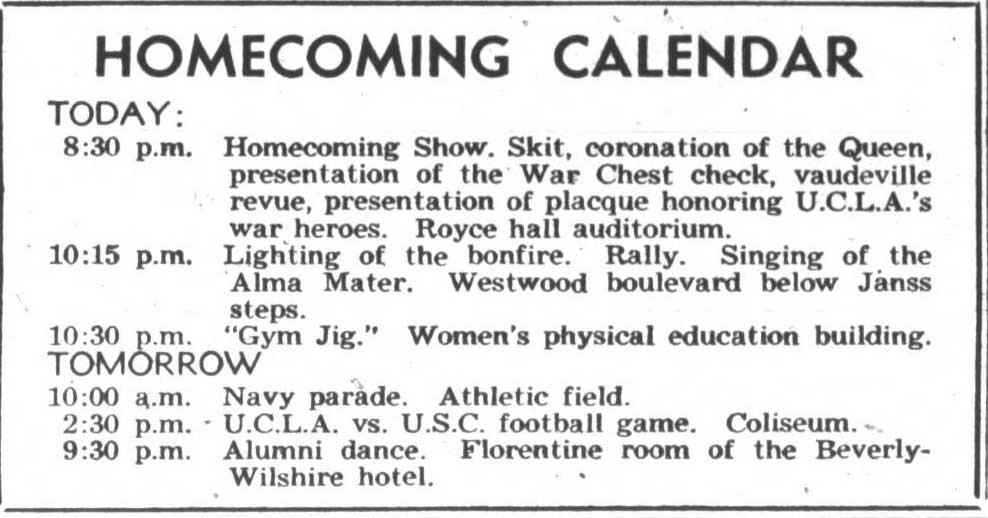 Homecoming calendar, November 26, 1943