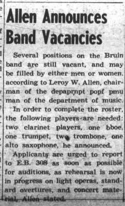 Allen announces Band vacancies, "may be filled by either men or women," March 29 ,1943