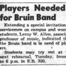 Players needed for Band, July 30,1943