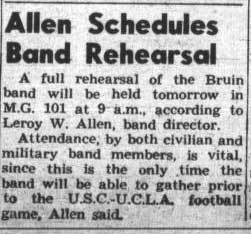 Allen schedules Band rehearsal for USC game, September 17, 1943