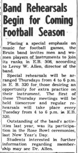 Band rehearsals begin, mention of 1943 Rose Bowl. August 30, 1943