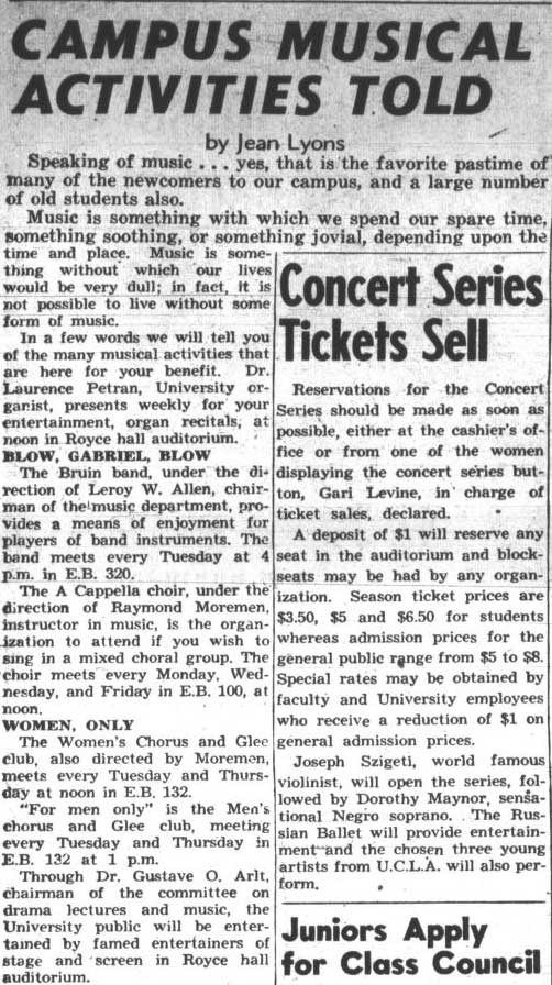 Overview of campus musical activities, November 5, 1943