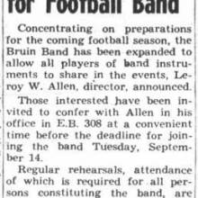 Allen gives plan for football band, "all players" allowed in Band. September 8, 1943