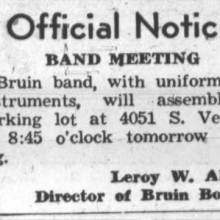 Band meets at 4051 South Vermont for USC game. November 26, 1943