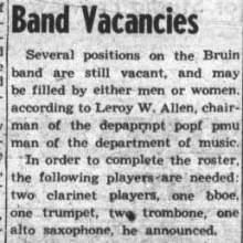 Allen announces Band vacancies, "may be filled by either men or women," March 29 ,1943