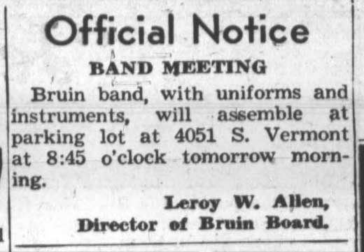 Band meets at 4051 South Vermont for USC game. November 26, 1943