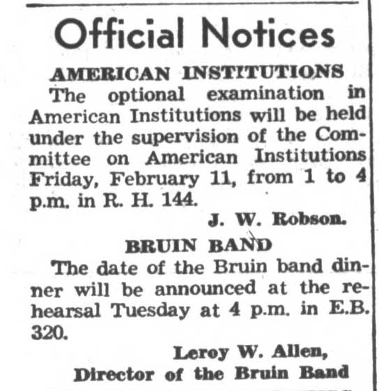 Official notice - Bruin Band Dinner, February 11, 1943