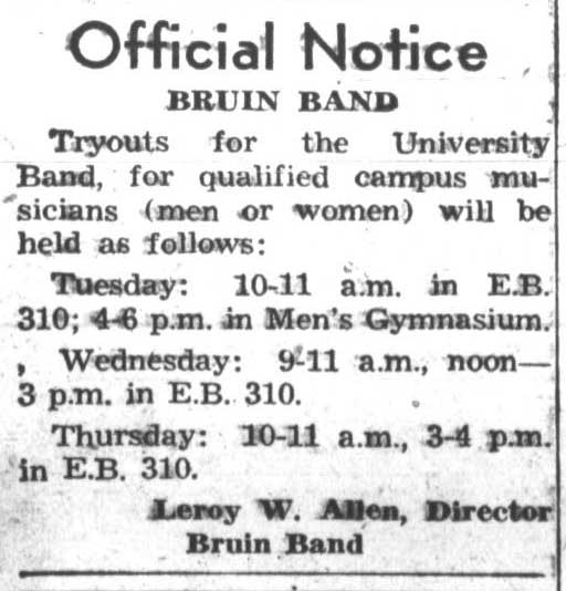 Official notice - Bruin Band tryouts - men or women, October 30, 1944