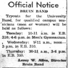 Official notice - Bruin Band tryouts - men or women, October 30, 1944