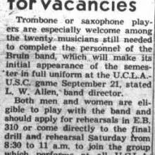 Band recruits horn players, September 14, 1945